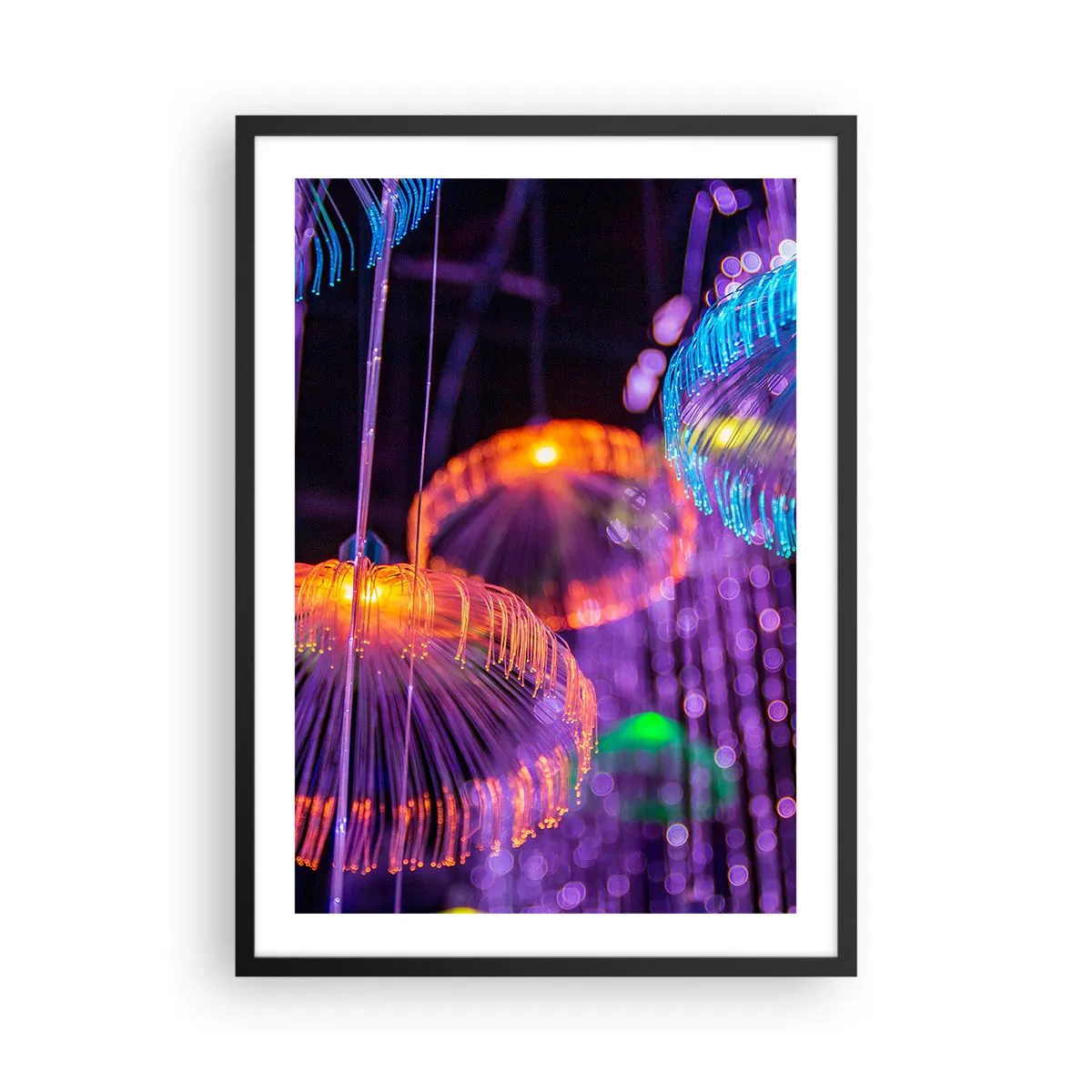 Affisch i svart ram - Färgglada, futuristiska maneter i neonljus - 50x70cm - Lysande fontän - Modern väggdekoration för vardagsrum och sovrum ARTTOR