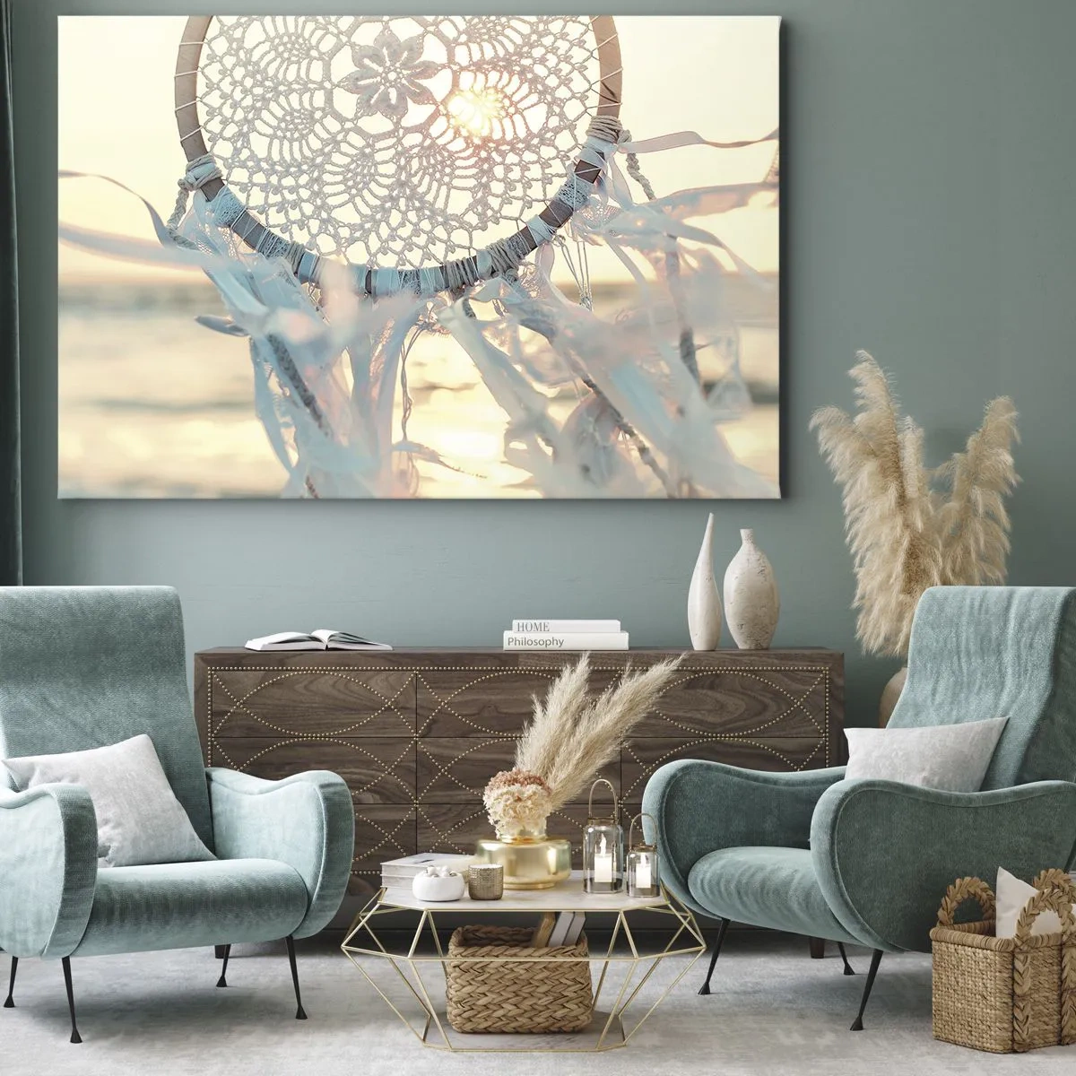 Canvastavla - Bild på duk - En delikat drömfångare mot bakgrund av den nedgående solen - 70x50cm - Spetstotem - Modern väggdekoration för vardagsrum och sovrum ARTTOR