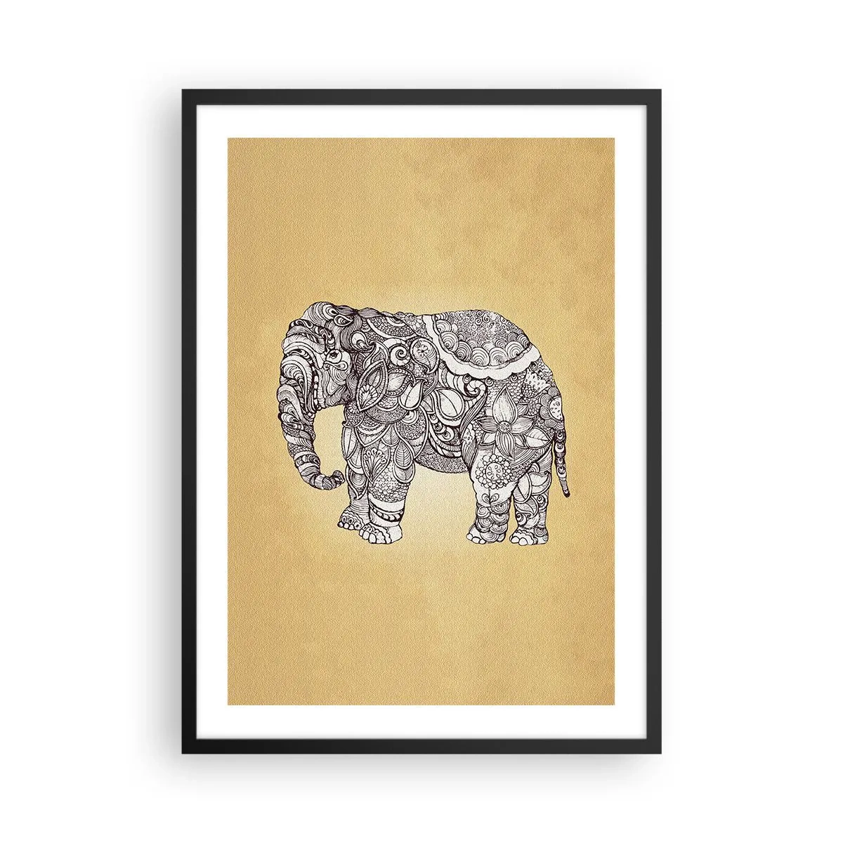 Affisch i svart ram - Dekorativ illustration av en elefant med invecklade ornament på en guldbakgrund - 50x70cm - maskerad elefant - Modern väggdekoration för vardagsrum och sovrum ARTTOR