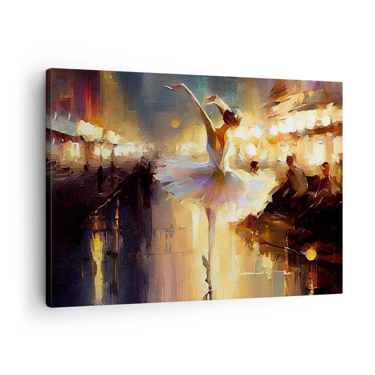 Canvastavla - Bild på duk - En ballerina som dansar framför en upplyst scen - 70x50cm - Ett mirakel på gatan - Modern väggdekoration för vardagsrum och sovrum ARTTOR