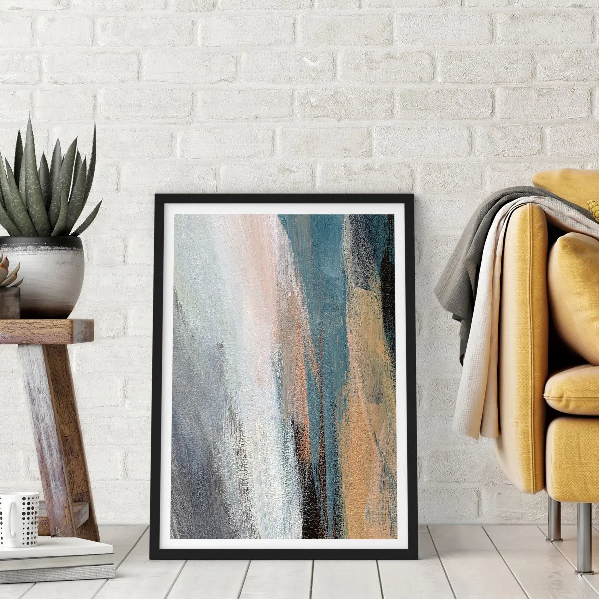 Affisch i svart ram - En abstrakt komposition i dämpade färger - 50x70cm - Abstraktion: nordligt landskap - Modern väggdekoration för vardagsrum och sovrum ARTTOR