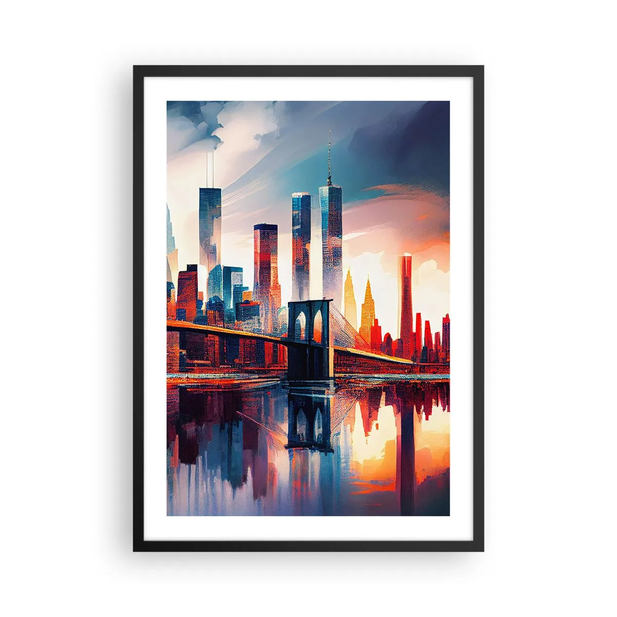 Affisch i svart ram - Panorama över staden med en bro och reflektion i vattnet - 50x70cm - Fenomenala New York - Modern väggdekoration för vardagsrum och sovrum ARTTOR