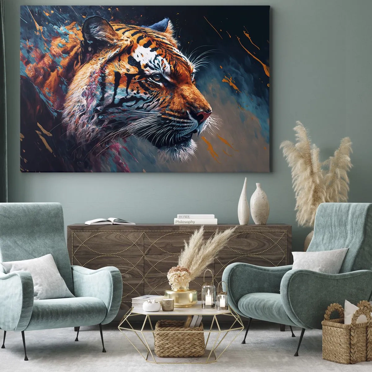 Canvastavla - Bild på duk - Porträtt av en tiger i dynamiska, abstrakta färger - 70x50cm - Vild skönhet - Modern väggdekoration för vardagsrum och sovrum ARTTOR