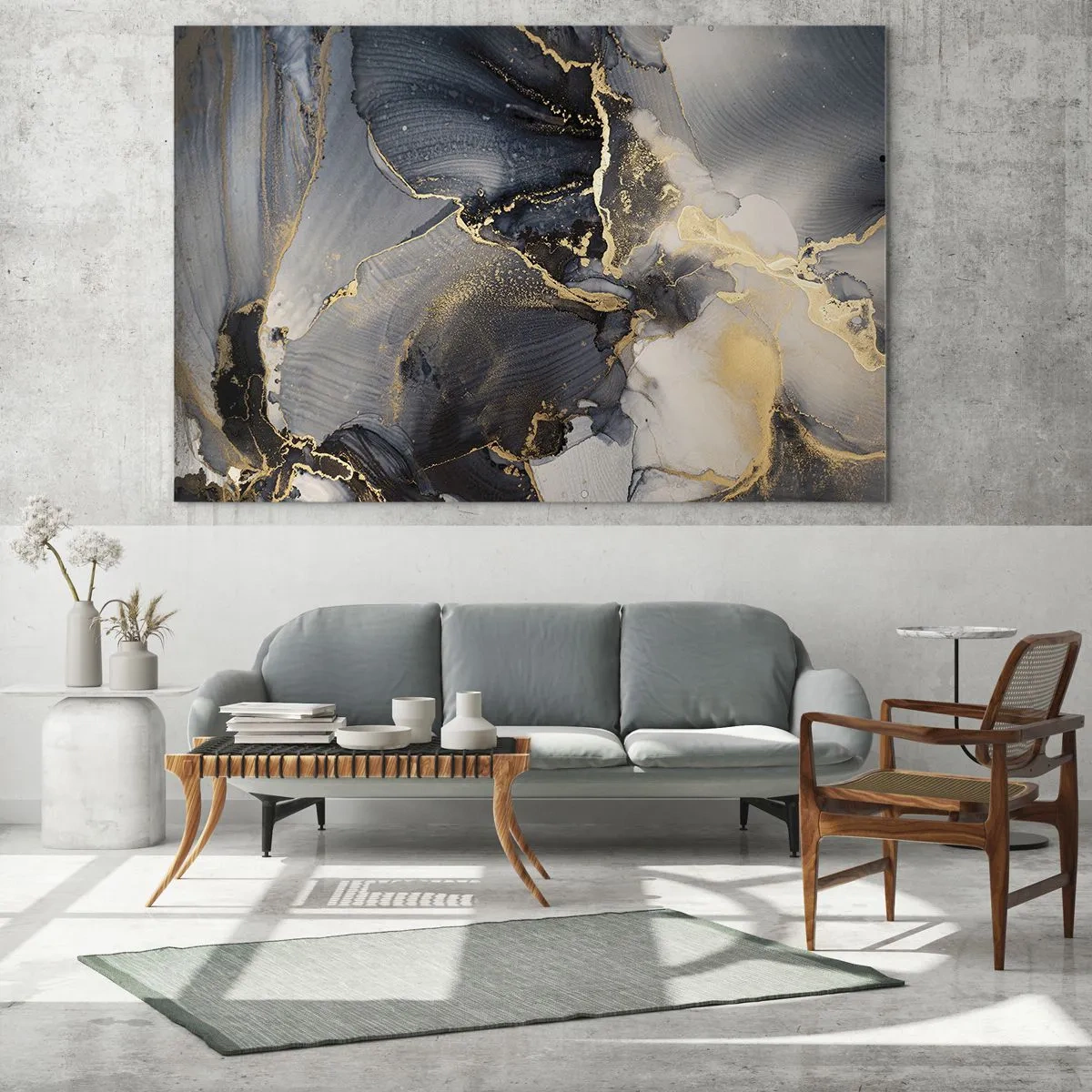 Glastavla - Bild på glas - Mörk abstraktion med marmoreffekt och guldfärgade ådror - 70x50cm - En stens liv - Modern väggdekoration för vardagsrum och sovrum ARTTOR