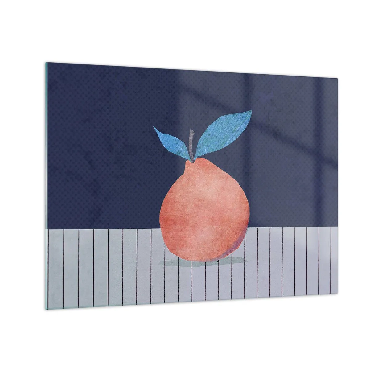 Glastavla - Bild på glas - En frukt med abstrakt form mot en geometrisk komposition - 70x50cm - Konvexitet och planhet - Modern väggdekoration för vardagsrum och sovrum ARTTOR