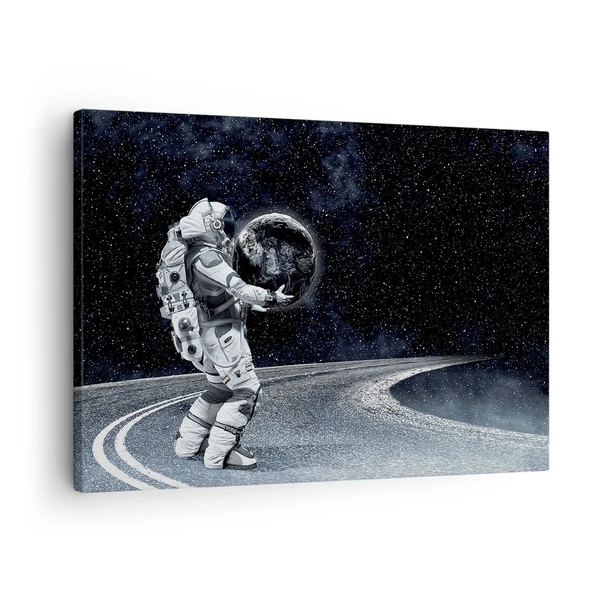 Canvastavla - Bild på duk - Astronaut med jorden mot stjärnhimlen - 70x50cm - På Vintergatan - Modern väggdekoration för vardagsrum och sovrum ARTTOR