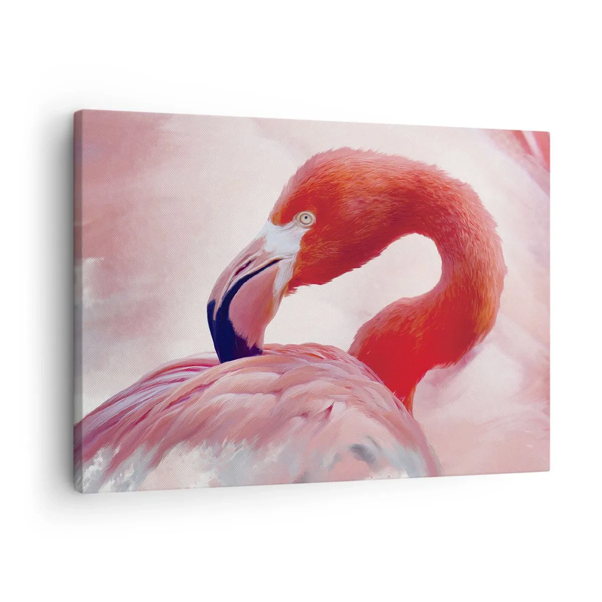 Canvastavla - Bild på duk - En flamingo i rosa toner mot en ljus bakgrund - 70x50cm - Fågelns skönhet - Modern väggdekoration för vardagsrum och sovrum ARTTOR