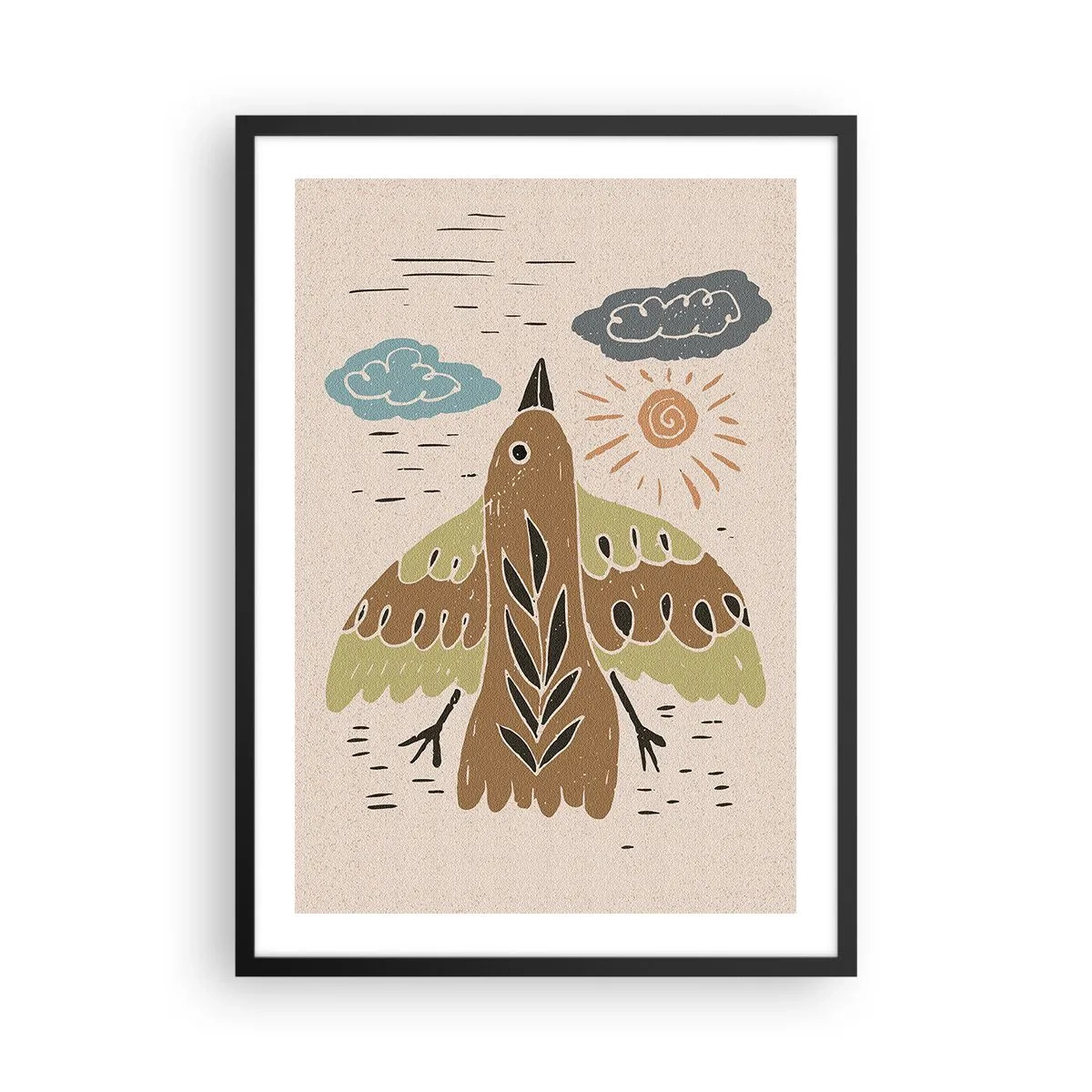 Affisch i svart ram - En färgglad illustration av en fågel i flykt, med moln och solen i bakgrunden. - 50x70cm - Glädjefylld flygning - Modern väggdekoration för vardagsrum och sovrum ARTTOR