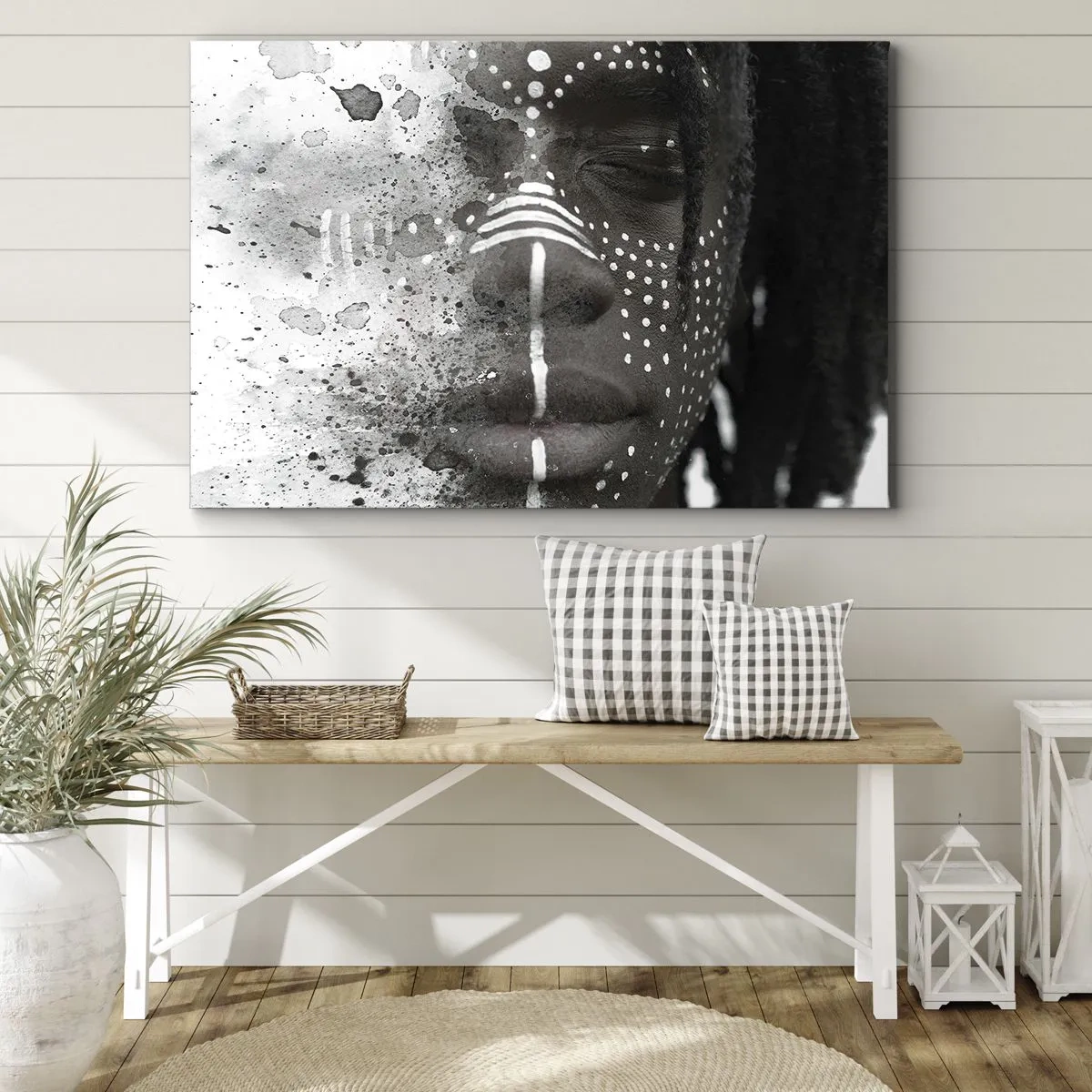 Canvastavla - Bild på duk - Konstnärligt ansiktsporträtt med abstrakta vita mönster - 70x50cm - Upptäck den ursprungliga andan - Modern väggdekoration för vardagsrum och sovrum ARTTOR