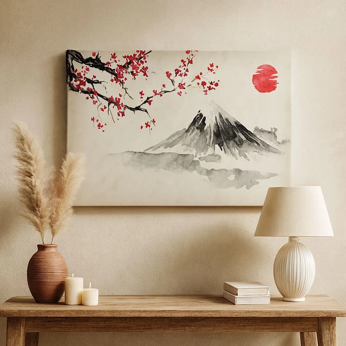 Canvastavla - Bild på duk - Ett pittoreskt landskap med ett berg, körsbärsblommor och solsken - 70x50cm - Bli kär i Japan - Modern väggdekoration för vardagsrum och sovrum ARTTOR