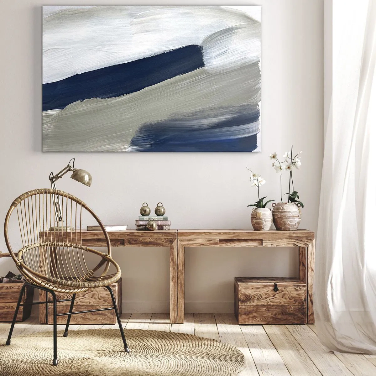 Canvastavla - Bild på duk - Abstrakta penseldrag i nyanser av blått och grått - 70x50cm - Möte med vitt - Modern väggdekoration för vardagsrum och sovrum ARTTOR