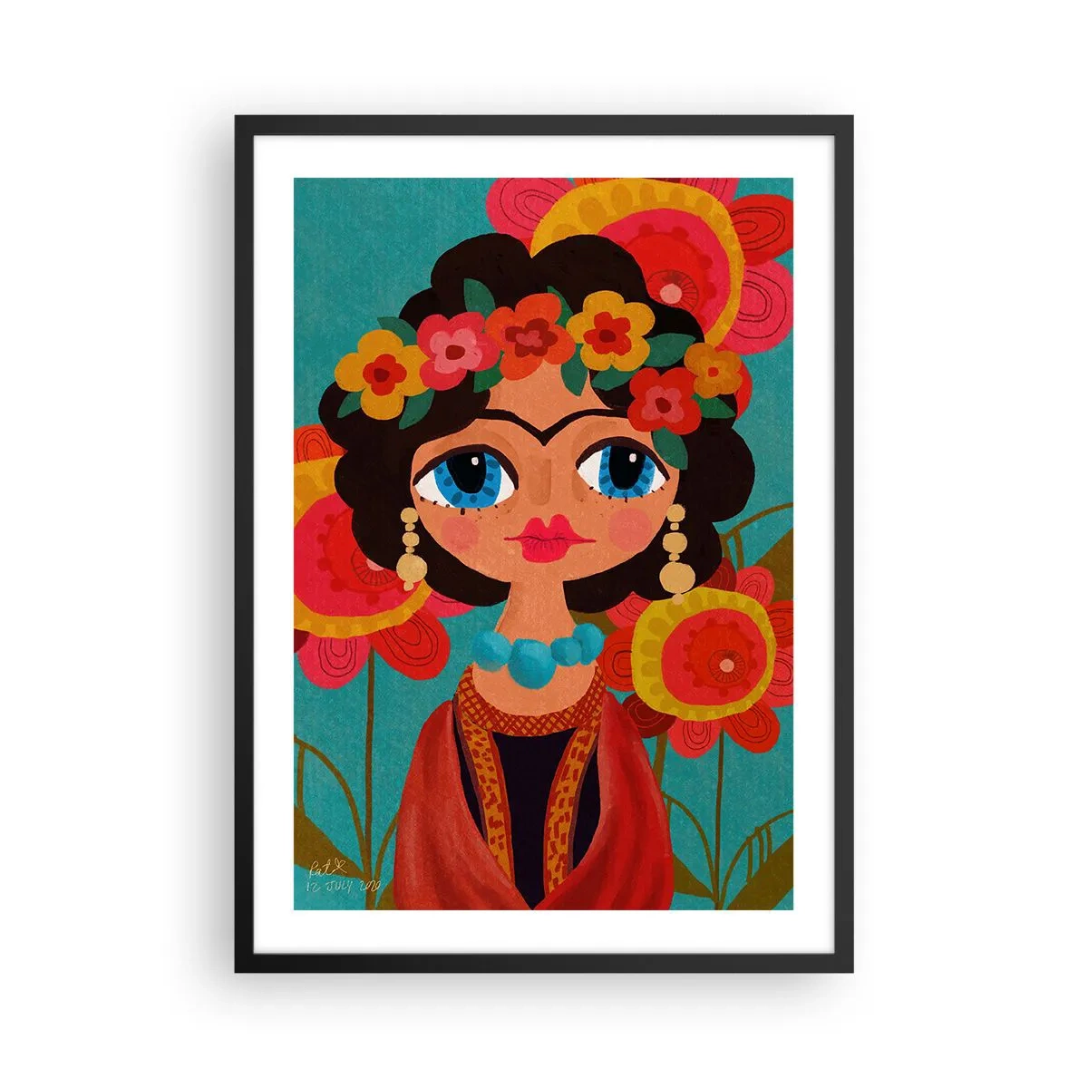 Affisch i svart ram - Färgglatt porträtt av en kvinna i folkstil och en blomsterkrona - 50x70cm - Vallmojungfru - Modern väggdekoration för vardagsrum och sovrum ARTTOR