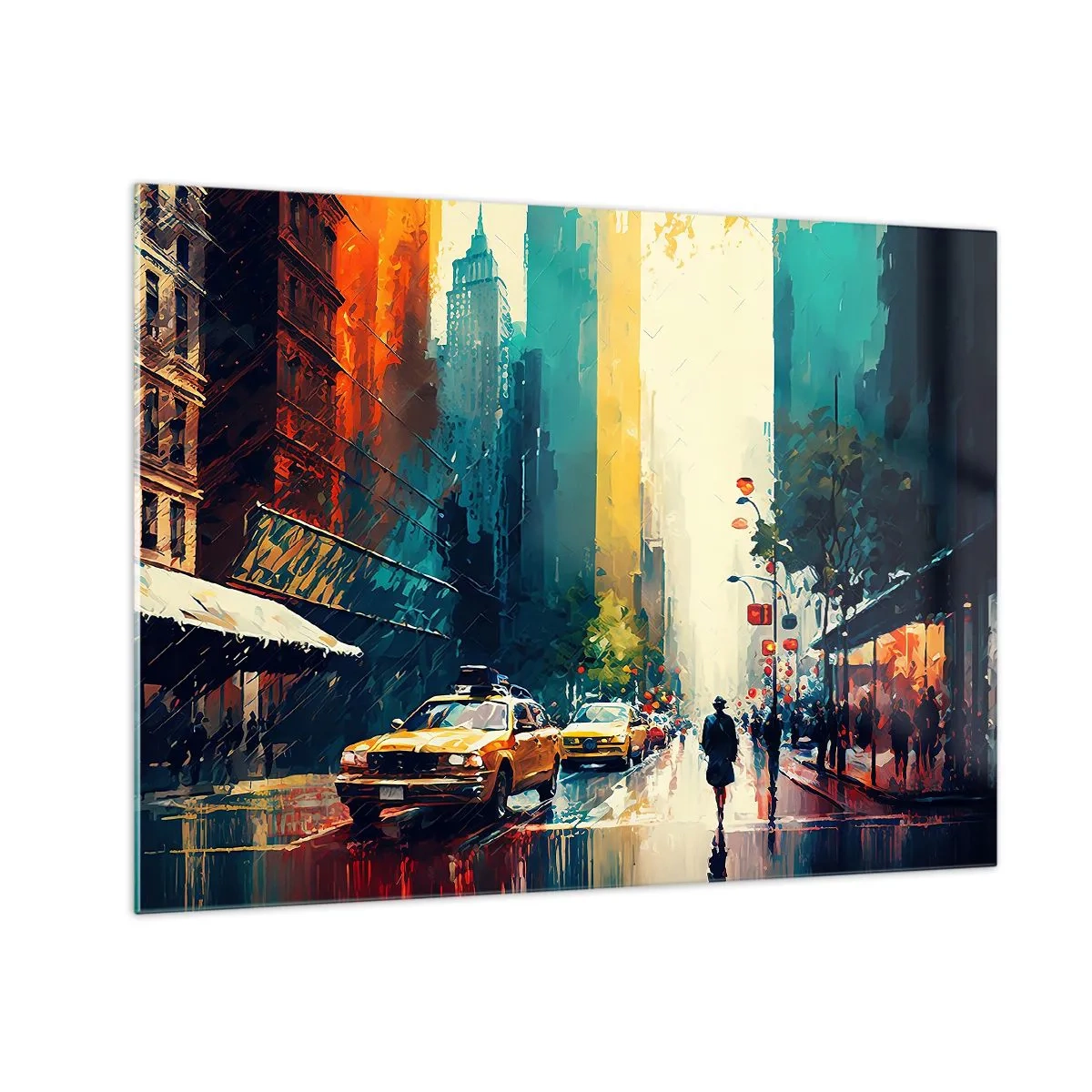 Glastavla - Bild på glas - Färgglada taxibilar och skyskrapor på en våt stadsgata - 70x50cm - New York - här är till och med regnet färgstarkt - Modern väggdekoration för vardagsrum och sovrum ARTTOR