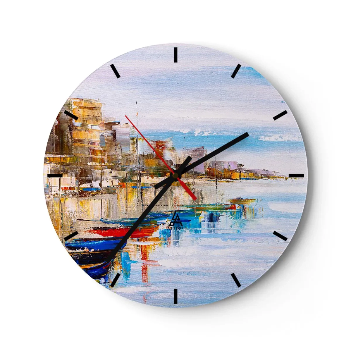 Väggklocka - Klocka på glas - En färgglad urban oas i impressionistisk stil - 30x30cm - Flerfärgad urban hamn - Modern väggdekoration för vardagsrum, kök och sovrum ARTTOR