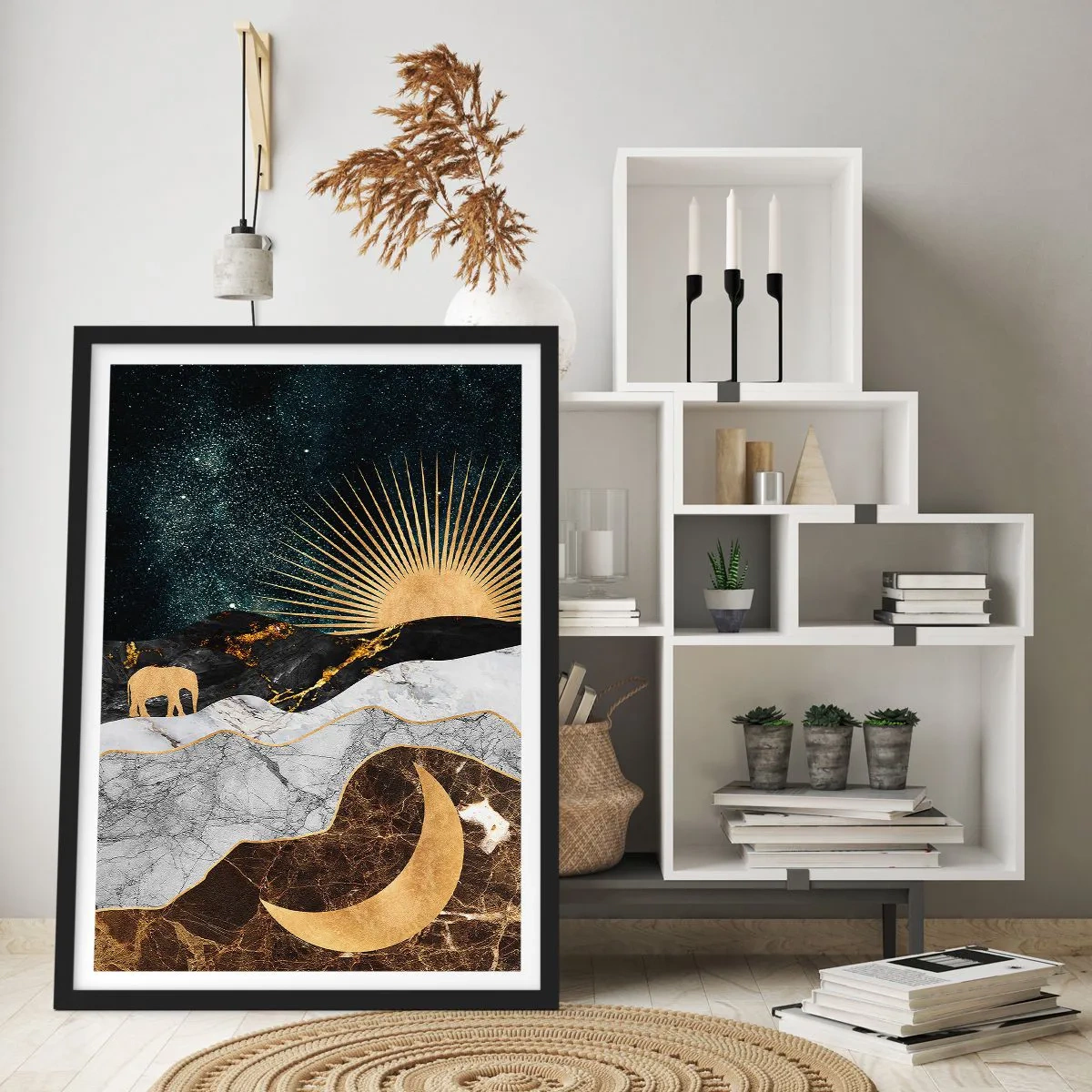 Affisch i svart ram - Gyllene landskap med månen, solen och silhuetten av en elefant - 50x70cm - Eviga lagar - Modern väggdekoration för vardagsrum och sovrum ARTTOR