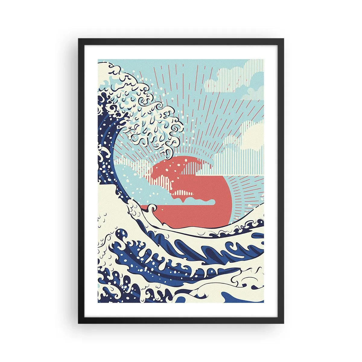 Affisch i svart ram - Japanskinspirerad grafisk våg med en röd sol - 50x70cm - Ur japanska inspirationer - Modern väggdekoration för vardagsrum och sovrum ARTTOR