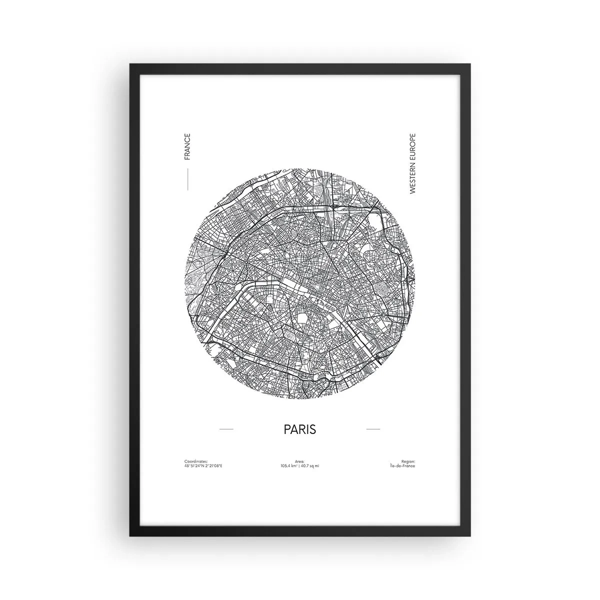 Affisch i svart ram - Minimalistisk karta över Paris i en cirkel - 50x70cm - Paris anatomi - Modern väggdekoration för vardagsrum och sovrum ARTTOR