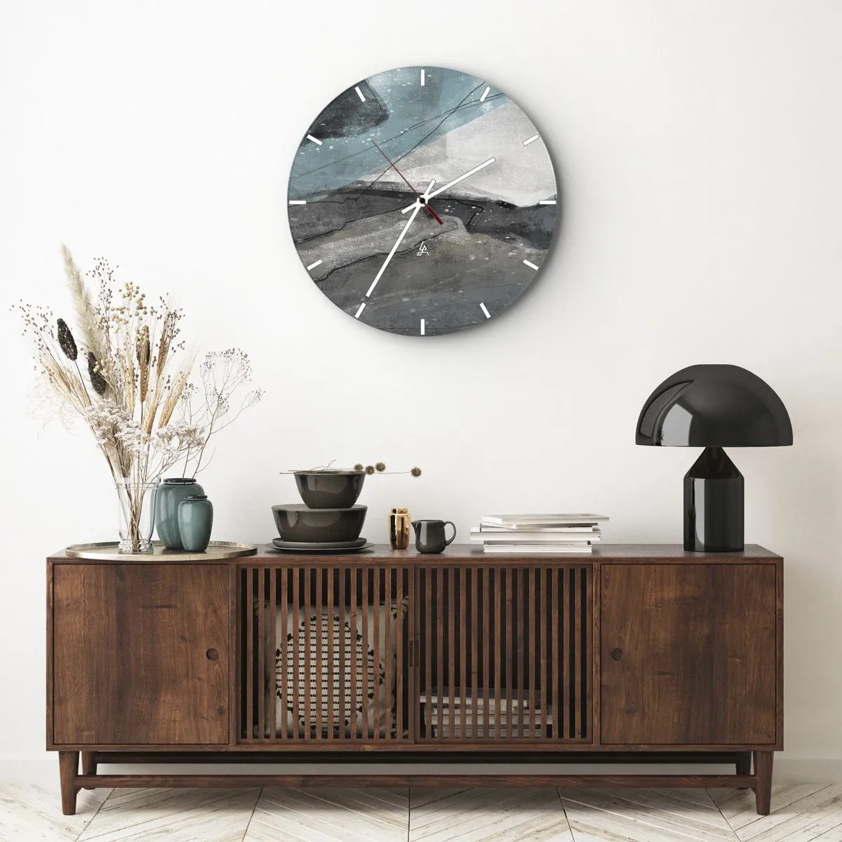 Väggklocka - Klocka på glas - En abstrakt komposition som liknar en glaciär och stenar. - 30x30cm - Abstraktion: stenar och is - Modern väggdekoration för vardagsrum, kök och sovrum ARTTOR