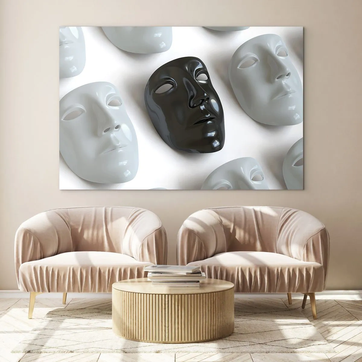 Glastavla - Bild på glas - En svartvit mask mot en bakgrund av vita masker på en ljus bakgrund - 70x50cm - Hur kan man urskilja sig? - Modern väggdekoration för vardagsrum och sovrum ARTTOR