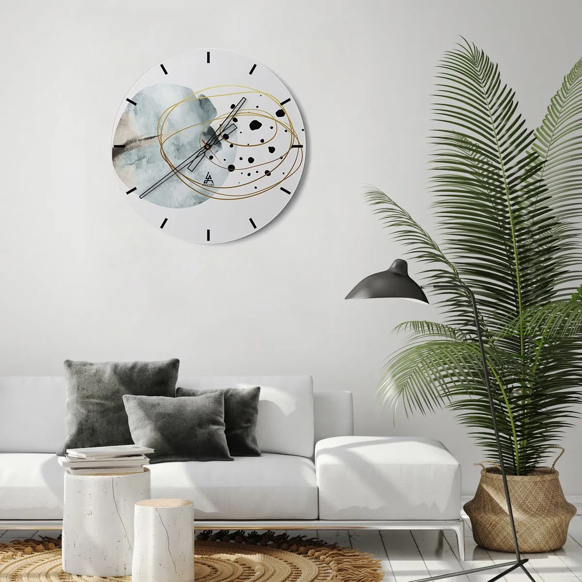 Väggklocka - Klocka på glas - Abstrakta gyllene linjer och svarta prickar på en ljus bakgrund - 30x30cm - I rummets famn - Modern väggdekoration för vardagsrum, kök och sovrum ARTTOR