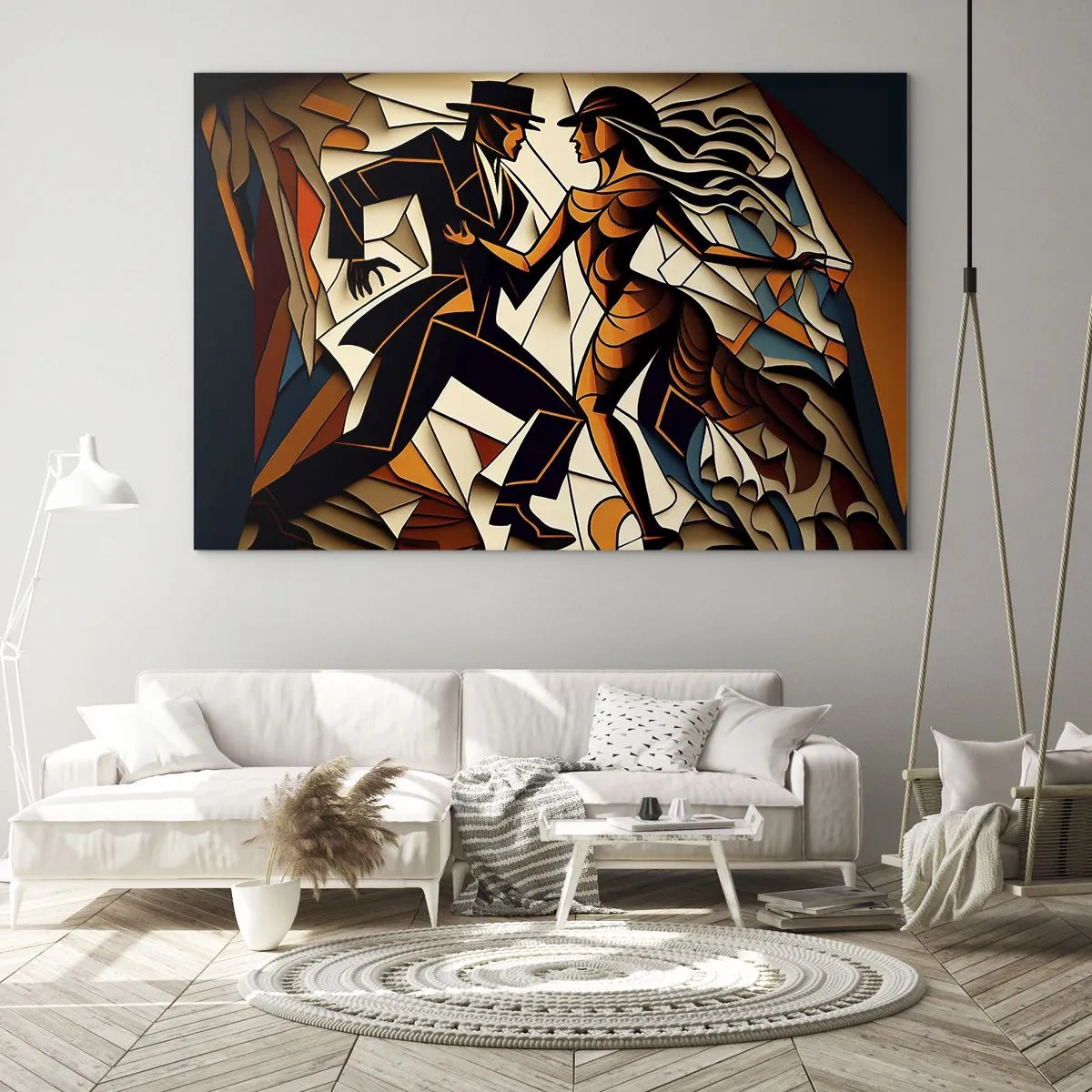 Glastavla - Bild på glas - Ett stiliserat par som dansar i en dynamisk abstrakt form. - 70x50cm - Passionsdans - Modern väggdekoration för vardagsrum och sovrum ARTTOR
