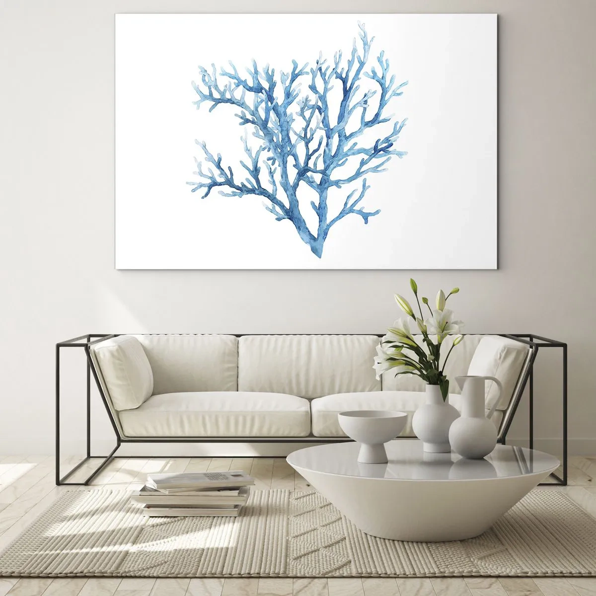 Glastavla - Bild på glas - En delikat akvarell som föreställer blå korall - 70x50cm - Marin filigran - Modern väggdekoration för vardagsrum och sovrum ARTTOR