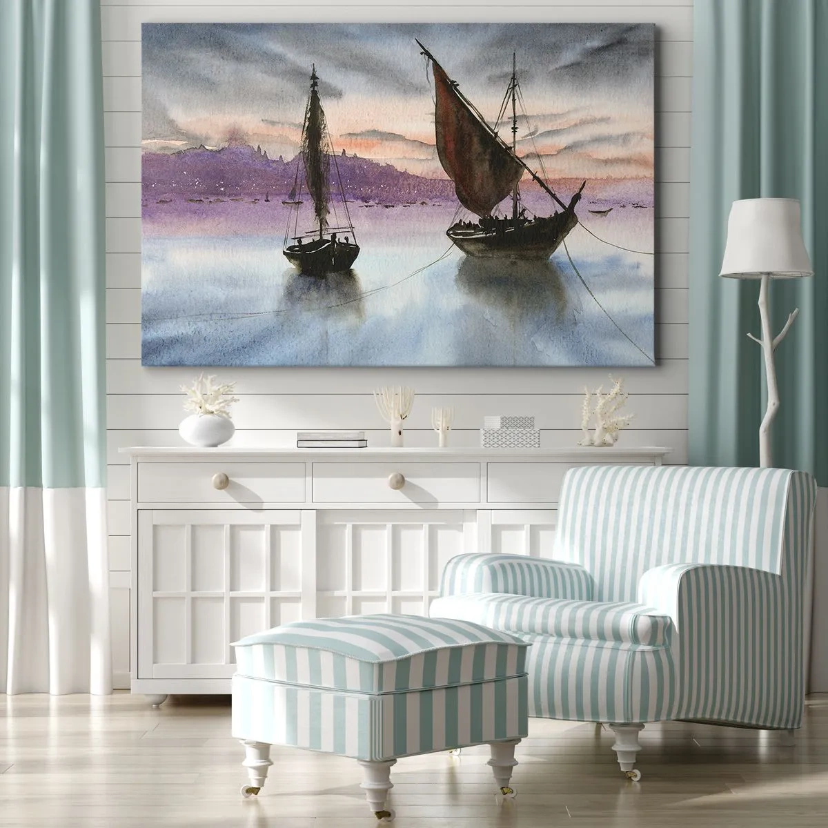 Canvastavla - Bild på duk - Två segelfartyg förtöjda på lugnt vatten i skymningen - 70x50cm - Kväll i hamnen - Modern väggdekoration för vardagsrum och sovrum ARTTOR