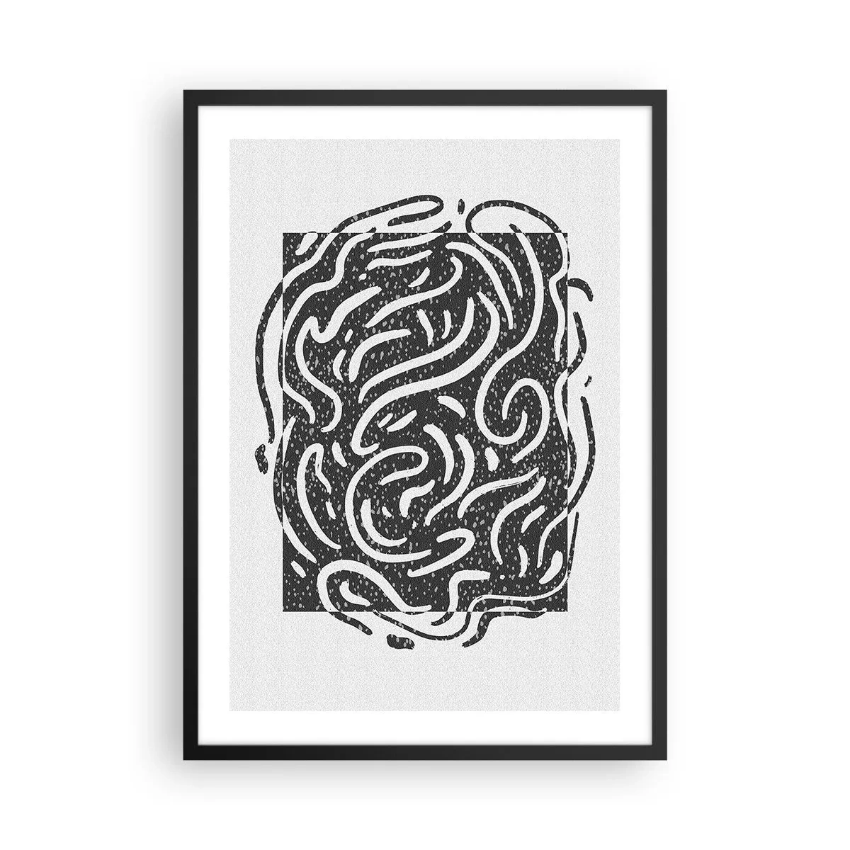 Affisch i svart ram - Abstrakt komposition med dynamiska linjer och former i svartvitt. - 50x70cm - Abstraktion: en dans av glädje - Modern väggdekoration för vardagsrum och sovrum ARTTOR