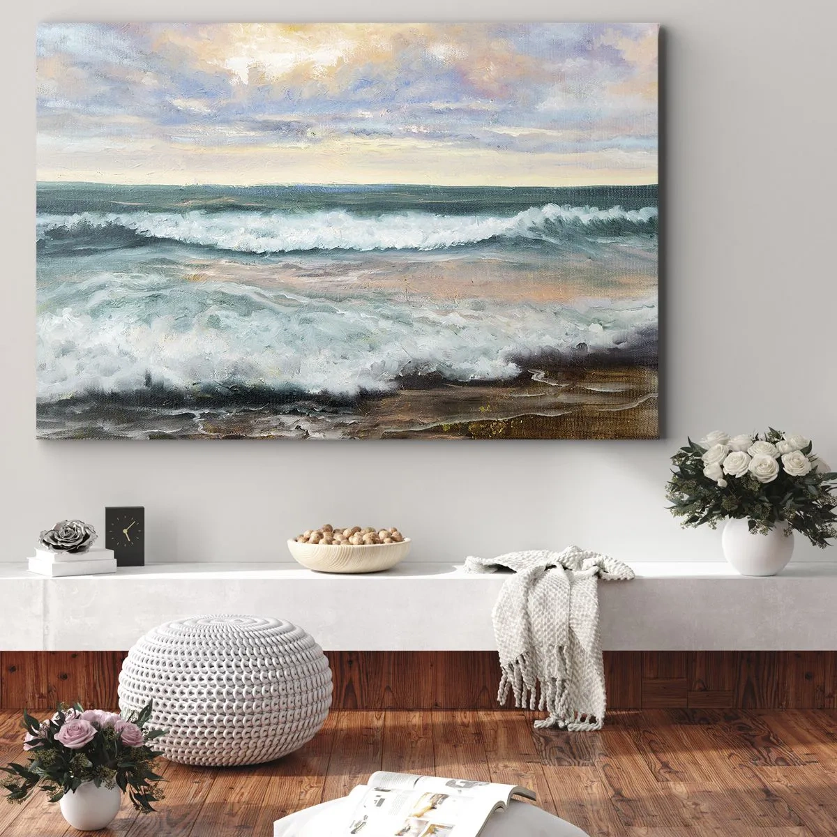 Canvastavla - Bild på duk - Havsvågor mot en molnig himmel vid solnedgången - 70x50cm - Här kan du släta ut din själ - Modern väggdekoration för vardagsrum och sovrum ARTTOR