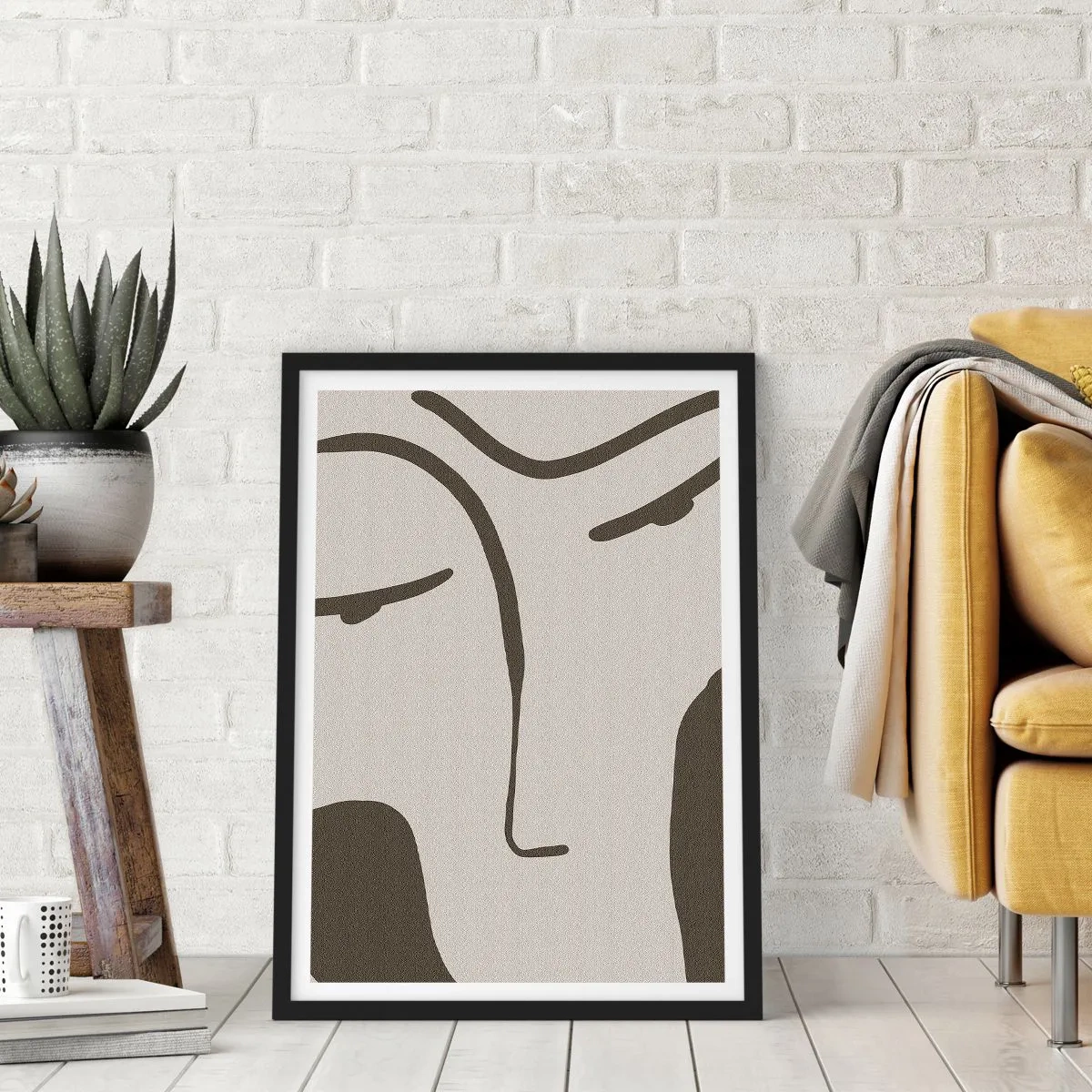 Affisch i svart ram - Minimalistiskt ansiktsporträtt - 50x70cm - Som från en målning av Modigliani - Modern väggdekoration för vardagsrum och sovrum ARTTOR