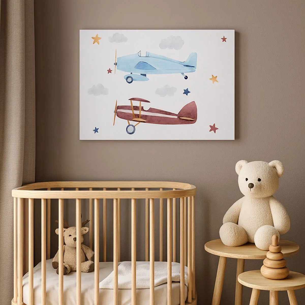 Canvastavla - Bild på duk - Handmålade flygplan mot en bakgrund av moln och stjärnor - 70x50cm - Herr pilot, vi väntar! - Modern väggdekoration för vardagsrum och sovrum ARTTOR