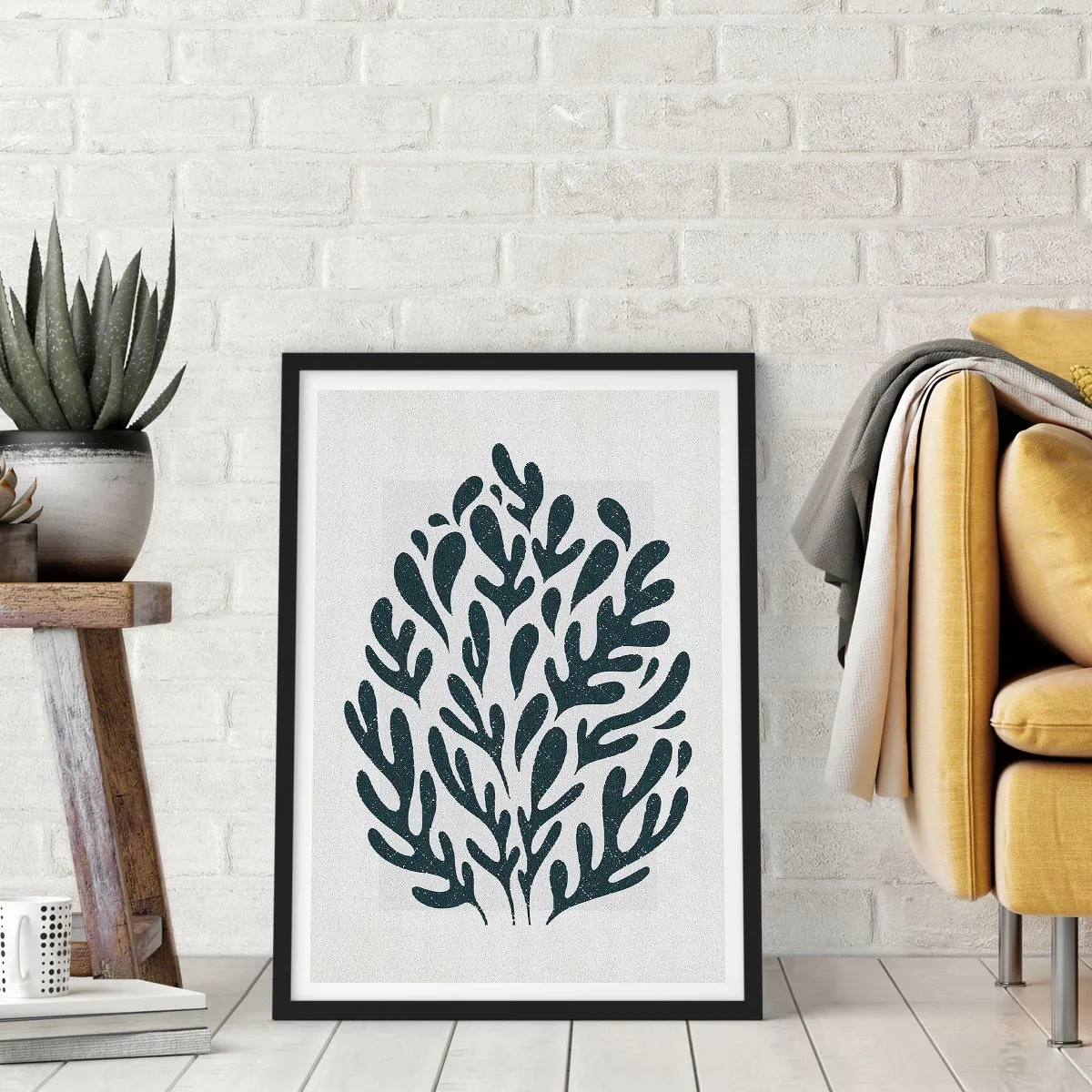 Affisch i svart ram - Svart växtkomposition på en ljus bakgrund - 50x70cm - Naturens former - Modern väggdekoration för vardagsrum och sovrum ARTTOR