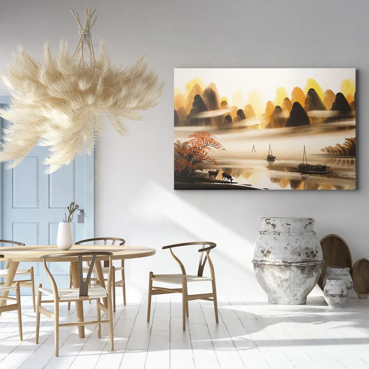 Canvastavla - Bild på duk - Ett orientaliskt landskap med en flod, berg och en mild dimma. - 70x50cm - Längre bort än Fjärran Östern - Modern väggdekoration för vardagsrum och sovrum ARTTOR