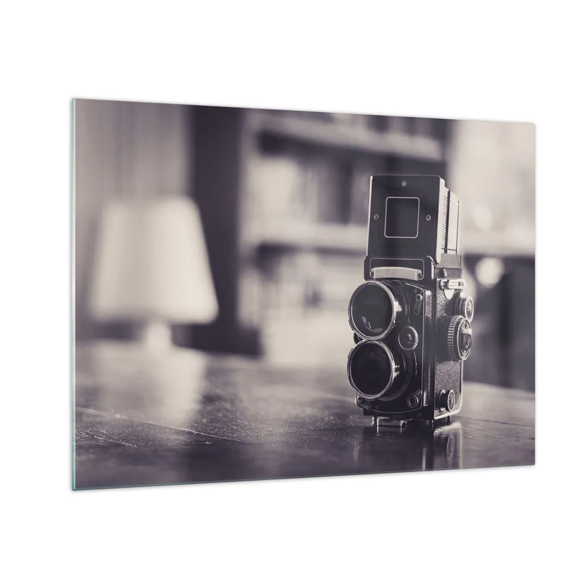 Glastavla - Bild på glas - Svartvitt fotografi av en antik kamera - 70x50cm - Ett gammalt fotografis magi - Modern väggdekoration för vardagsrum och sovrum ARTTOR