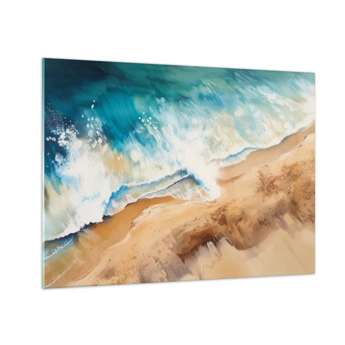 Glastavla - Bild på glas - En fågelperspektiv av en blå havsvåg som slår mot en sandstrand - 70x50cm - Den återkommande vågen - Modern väggdekoration för vardagsrum och sovrum ARTTOR