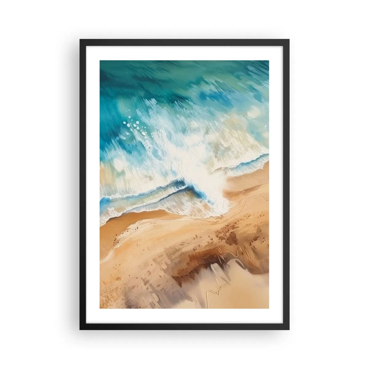 Affisch i svart ram - En abstrakt scen av en våg som slår mot stranden i nyanser av turkos och sand. - 50x70cm - Den återkommande vågen - Modern väggdekoration för vardagsrum och sovrum ARTTOR