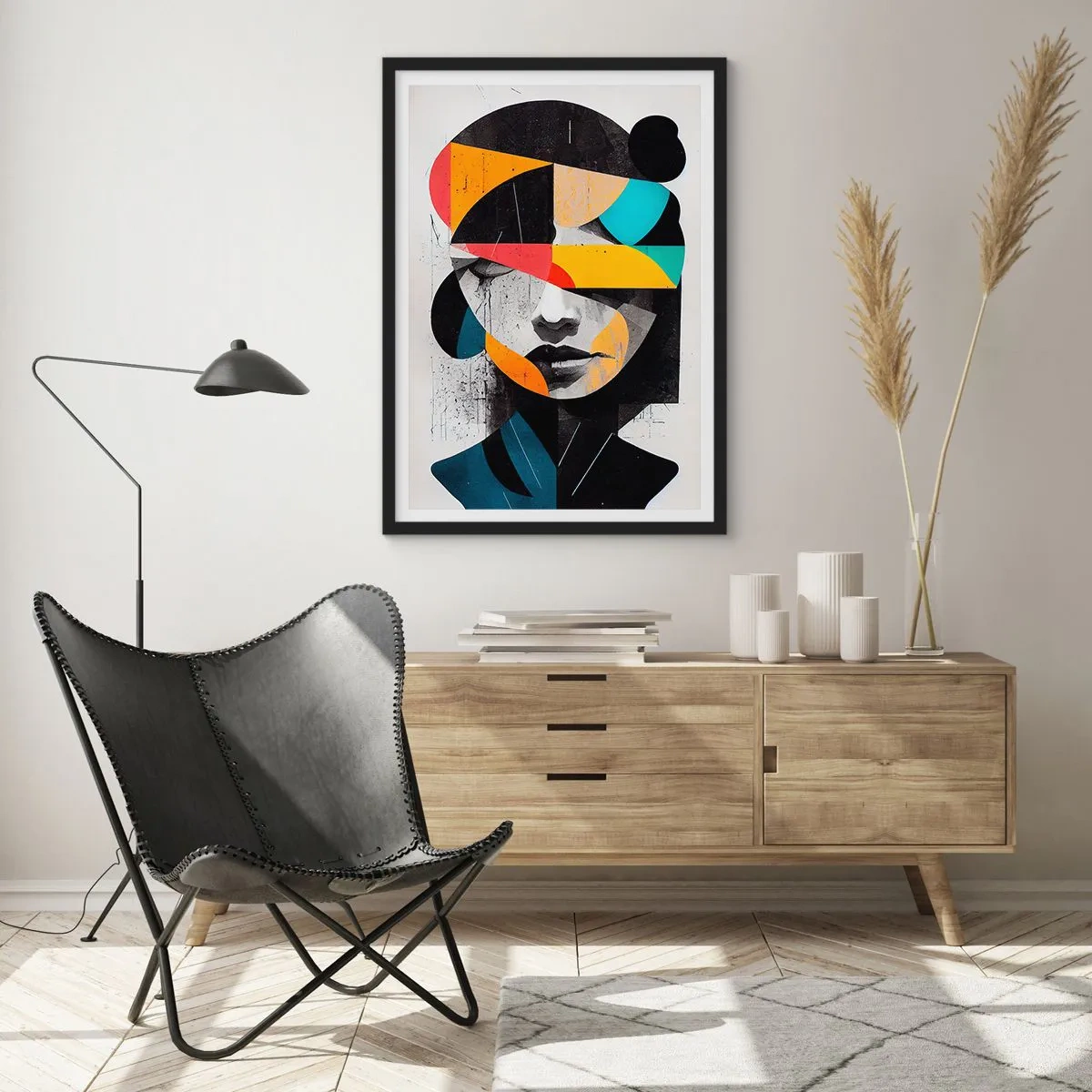 Affisch i svart ram - Interiörporträtt, flerfärgat, stiliserat abstrakt porträtt av en kvinna - 50x70cm - Flerfärgad inre porträtt - Modern väggdekoration för vardagsrum och sovrum ARTTOR