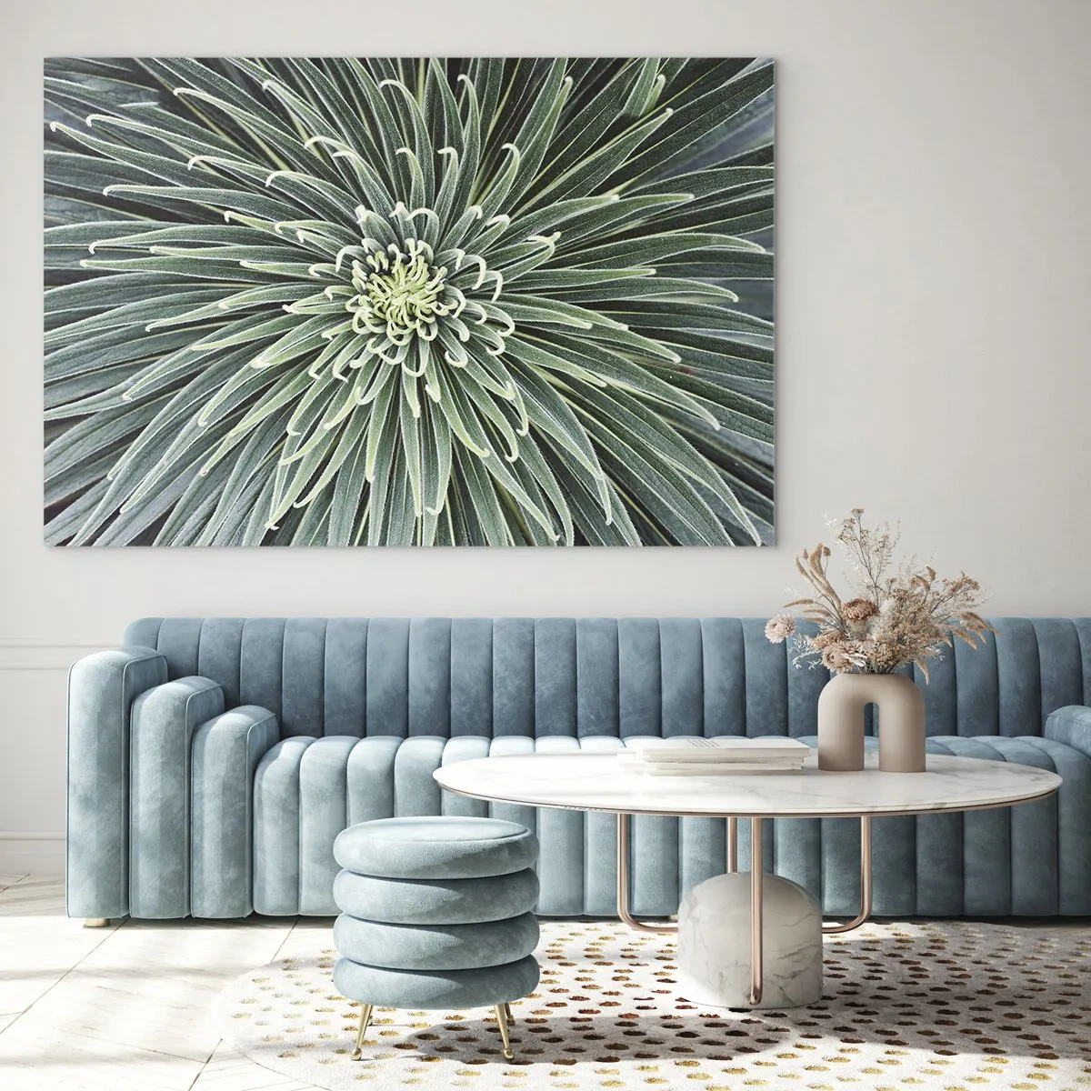 Glastavla - Bild på glas - Symmetrisk rosett av gröna blad i makrofotografering - 70x50cm - Stjärna föds - Modern väggdekoration för vardagsrum och sovrum ARTTOR