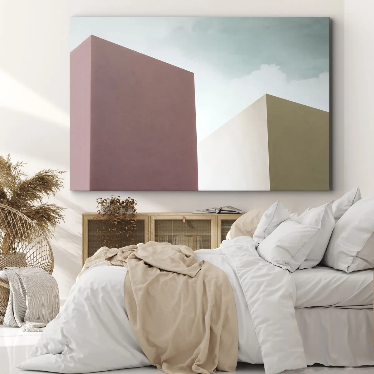 Canvastavla - Bild på duk - Minimalistisk arkitektur med pastellfärgade block och himmel - 70x50cm - Geometri av en solig sommar - Modern väggdekoration för vardagsrum och sovrum ARTTOR