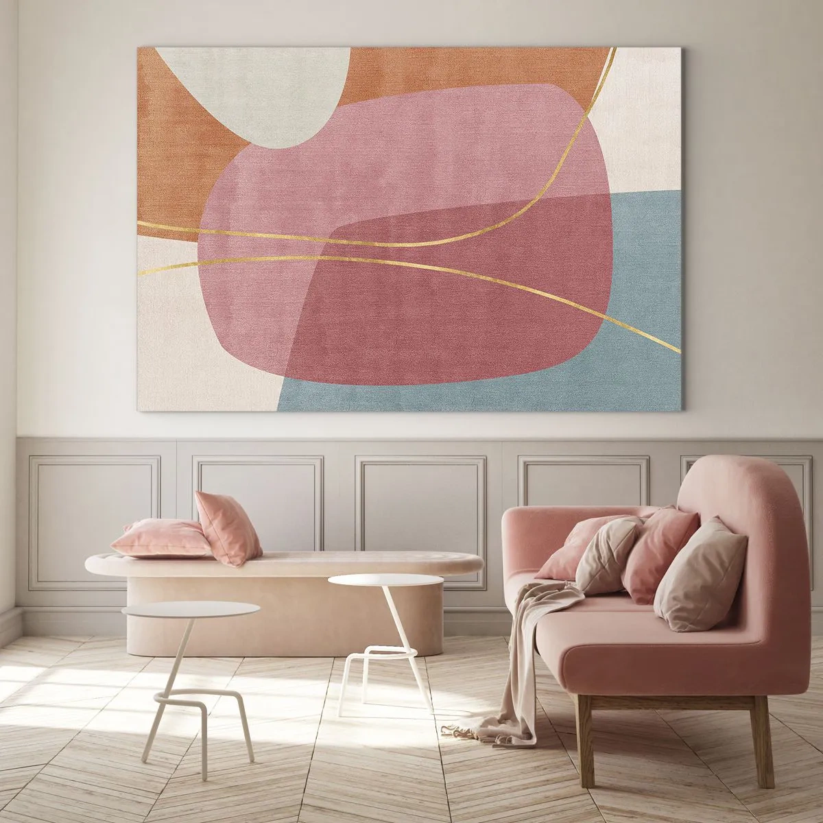 Glastavla - Bild på glas - Pastellformer med korsande guldlinjer - 70x50cm - Pastellkomposition med guldtråd - Modern väggdekoration för vardagsrum och sovrum ARTTOR