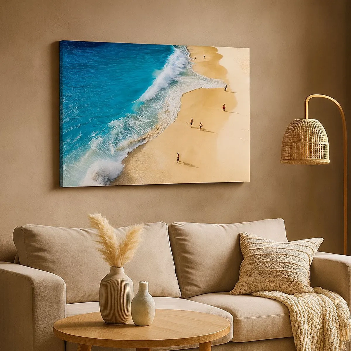 Canvastavla - Bild på duk - En strand med turkost vatten och människor som går omkring - 70x50cm - Och sedan solen, stranden... - Modern väggdekoration för vardagsrum och sovrum ARTTOR