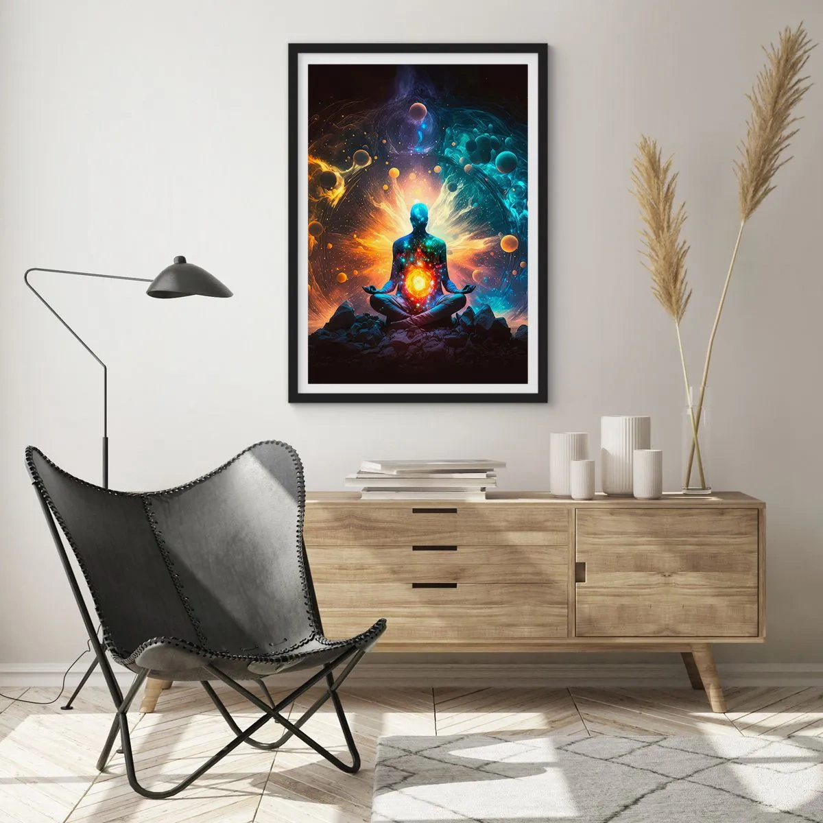Affisch i svart ram - En mediterande figur i en kosmisk aura full av energi - 50x70cm - Kosmisk stillhet - Modern väggdekoration för vardagsrum och sovrum ARTTOR