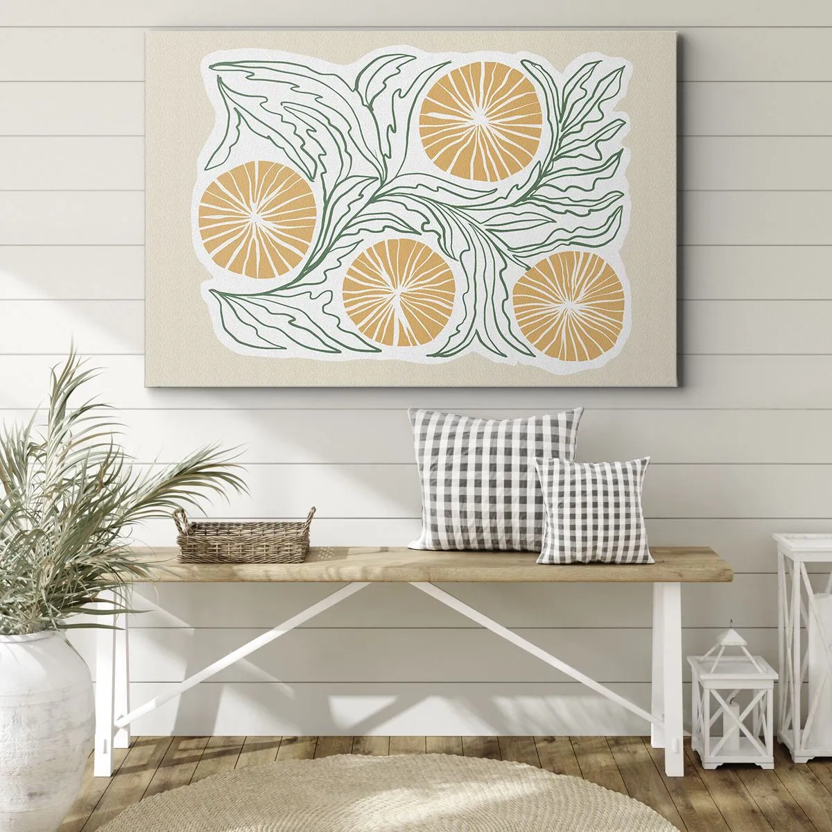Canvastavla - Bild på duk - Ett minimalistiskt orange motiv med gröna blad - 70x50cm - Etniskt med en touch av abstraktion - Modern väggdekoration för vardagsrum och sovrum ARTTOR