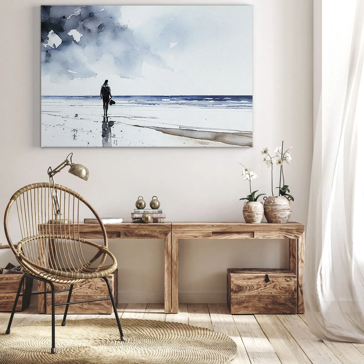 Canvastavla - Bild på duk - En figur på en strand i en lugn havsmiljö - 70x50cm - Samtal med havet - Modern väggdekoration för vardagsrum och sovrum ARTTOR