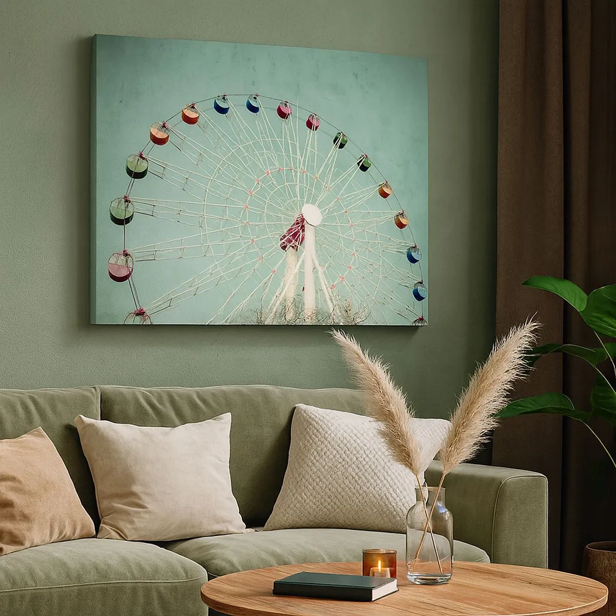 Canvastavla - Bild på duk - Ett färgglatt pariserhjul mot en blå himmel i retrostil - 70x50cm - Välkommen att ha kul - Modern väggdekoration för vardagsrum och sovrum ARTTOR