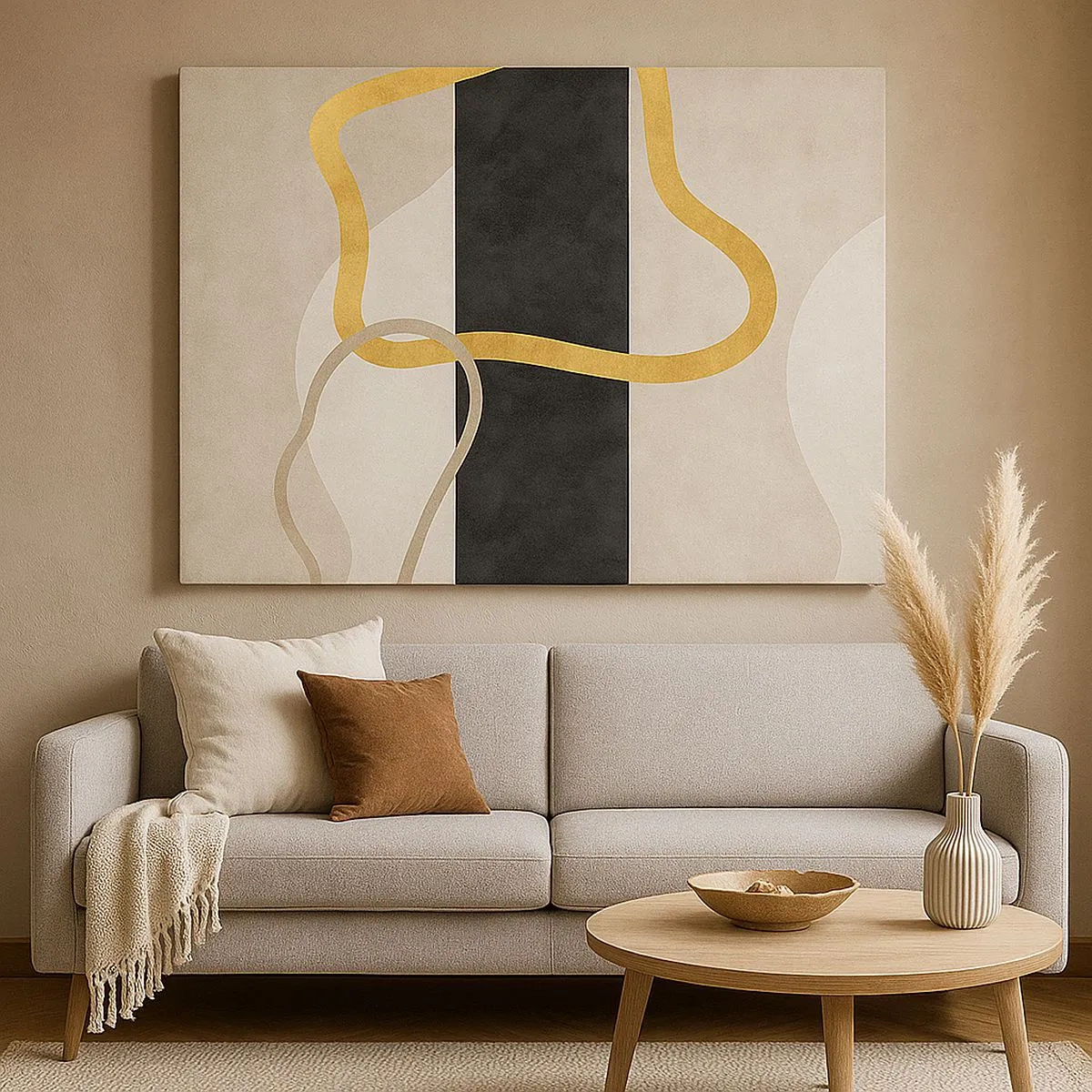 Canvastavla - Bild på duk - En minimalistisk design med slingformade former i guld och svart. - 70x50cm - Slingrande former - Modern väggdekoration för vardagsrum och sovrum ARTTOR