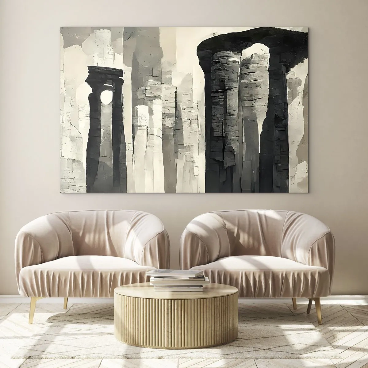 Glastavla - Bild på glas - Stenpelare i antik stil i en neutral färgpalett - 70x50cm - Antikens majestät - Modern väggdekoration för vardagsrum och sovrum ARTTOR