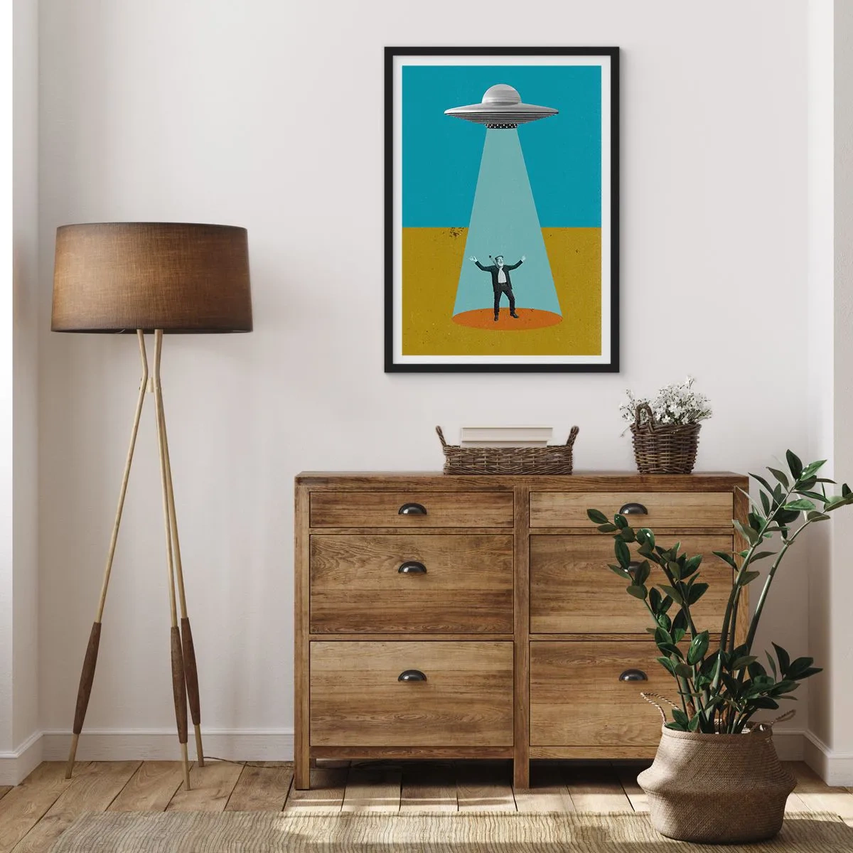 Affisch i svart ram - Retro illustration av en UFO-kidnappning - 50x70cm - Ett nära möte - Modern väggdekoration för vardagsrum och sovrum ARTTOR