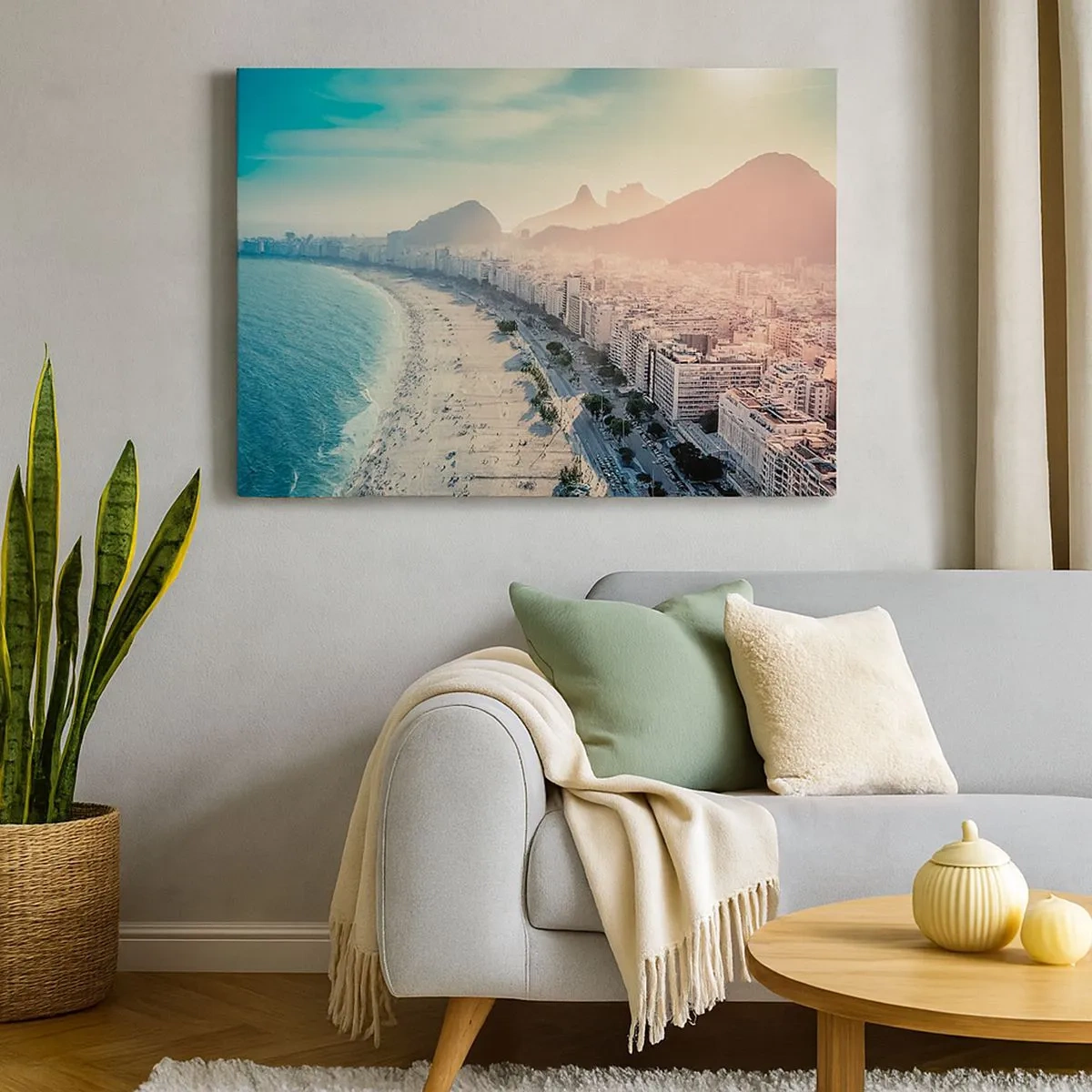 Canvastavla - Bild på duk - Panorama över Copacabana-stranden med berg i bakgrunden i Rio de Janeiro - 70x50cm - Evig semester i Rio - Modern väggdekoration för vardagsrum och sovrum ARTTOR