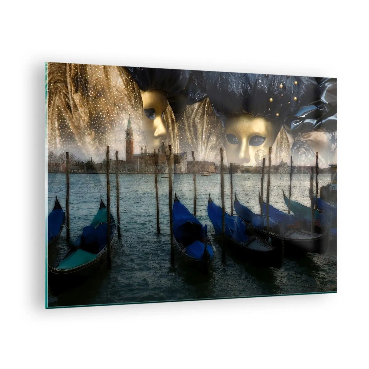 Glastavla - Bild på glas - Venedig med gondoler och karnevalsmasker - 70x50cm - På tiden att starta karnevalen - Modern väggdekoration för vardagsrum och sovrum ARTTOR